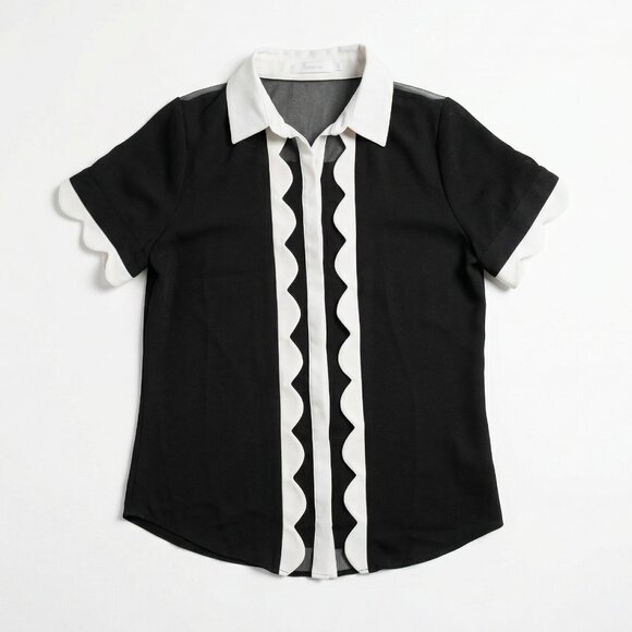Anne Fontaine Black White Scalloped Mesh Sheer Center Blouse 38 US 6 - Picture 2 of 7